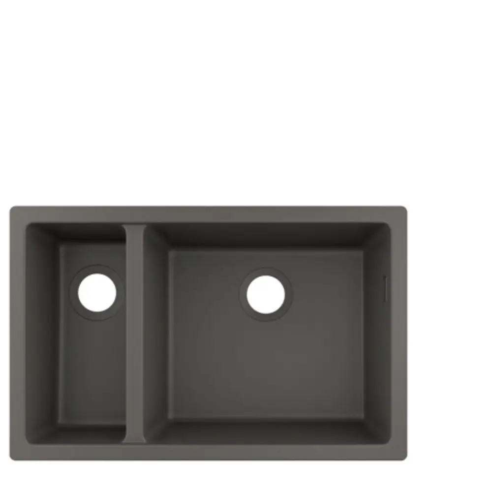 Zweiseitige Unterbauspüle in Steingrau von Hansgrohe, mit zwei identischen Becken und jeweils einem Loch für Armaturen.